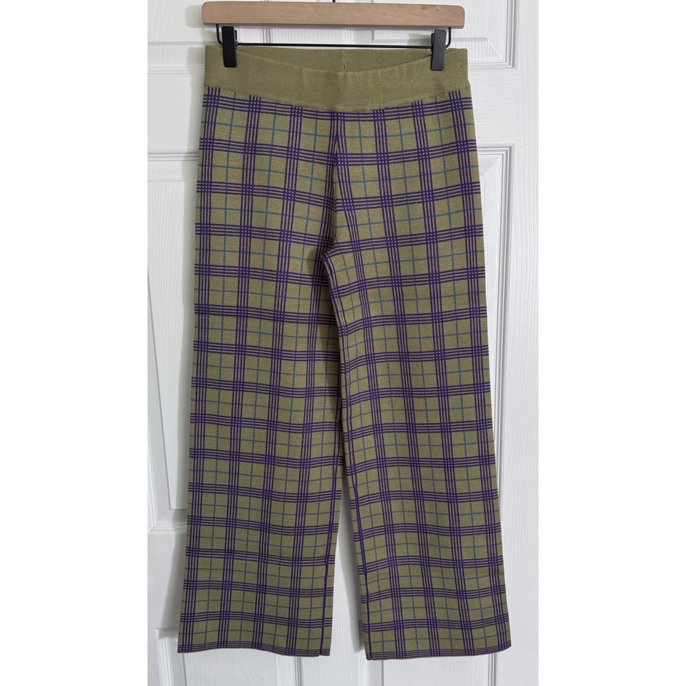 Daydreamer Knit Plaid Pants M Olive Green Purple Wide Leg Trousers